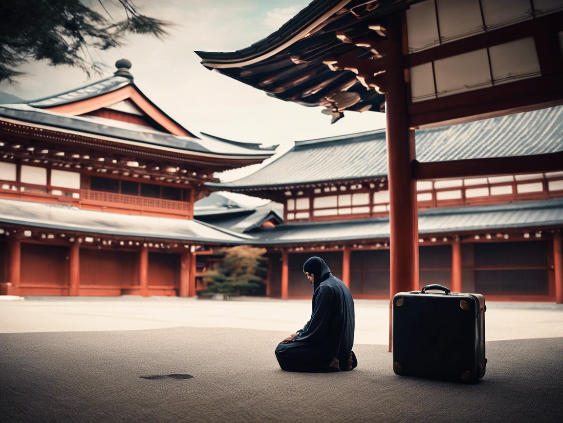 seorang wanita sholat di dalam kuil jepang